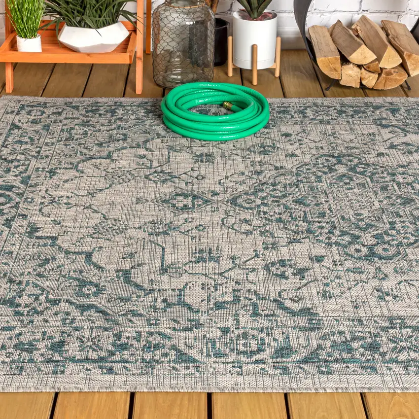 Gray And Teal Blue Medallion Indoor Outdoor Area Rug Photo 6
