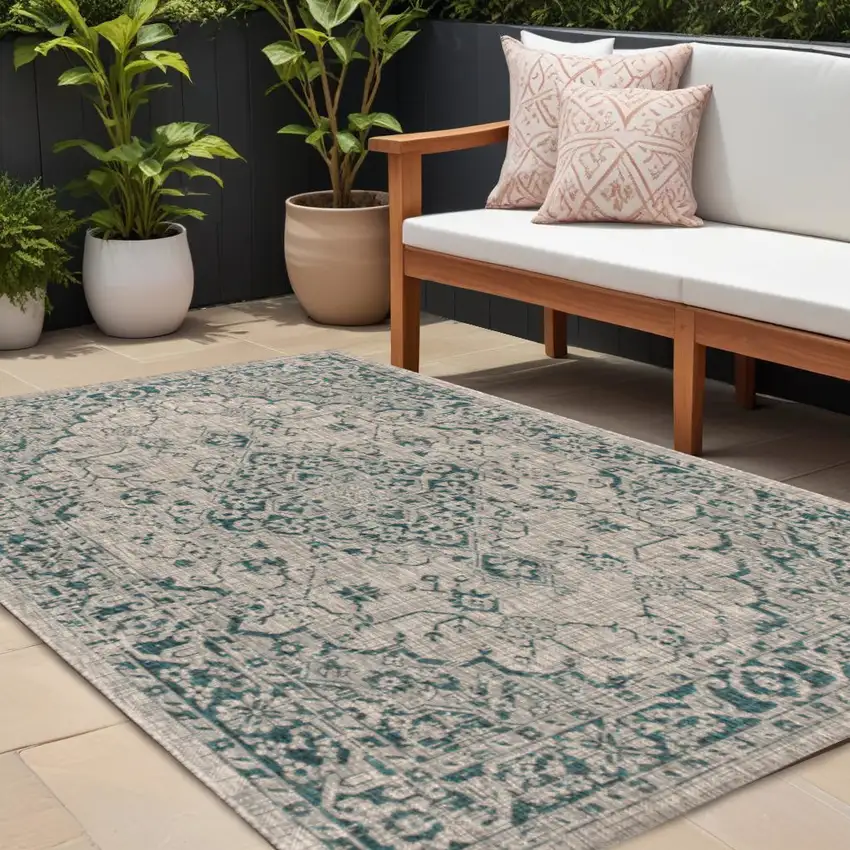 Gray And Teal Blue Medallion Indoor Outdoor Area Rug Photo 1