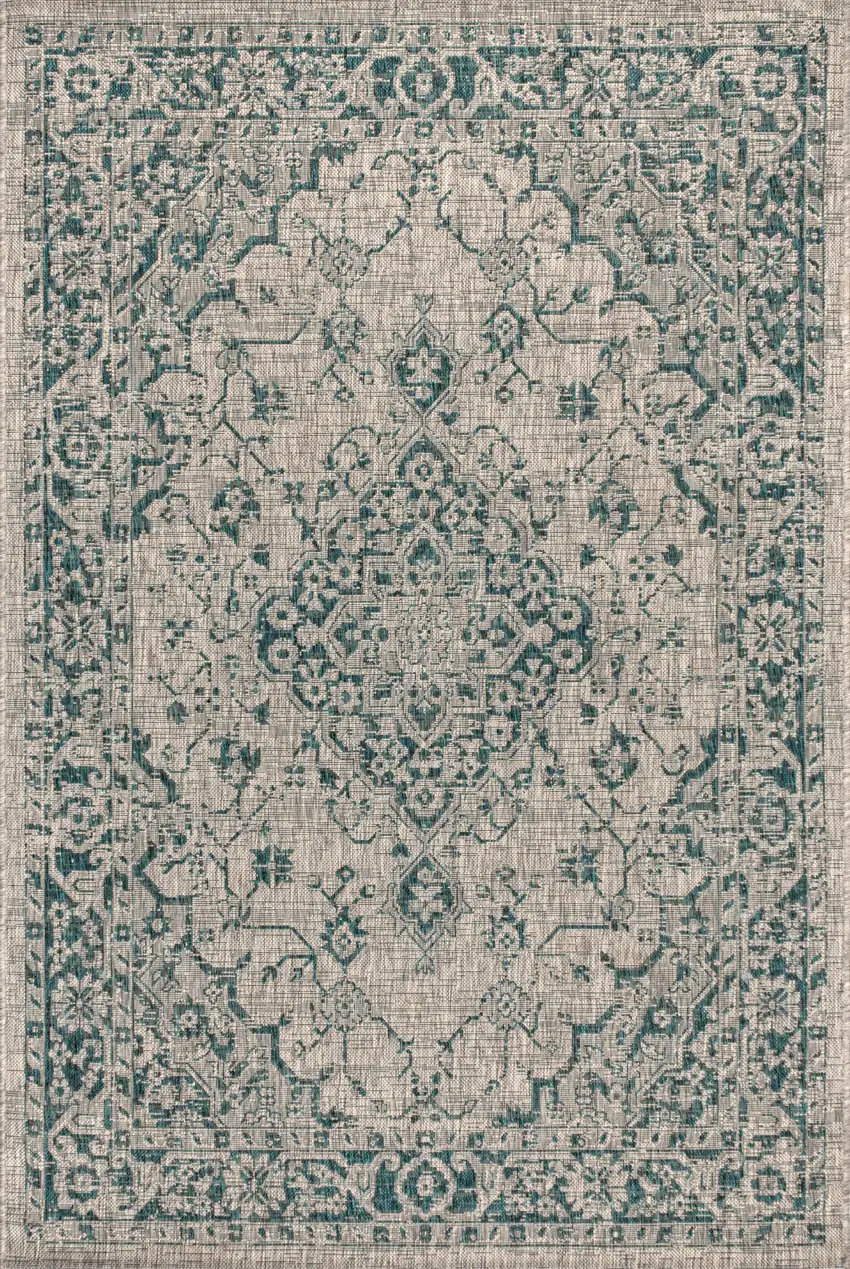 Gray And Teal Blue Medallion Indoor Outdoor Area Rug Photo 1