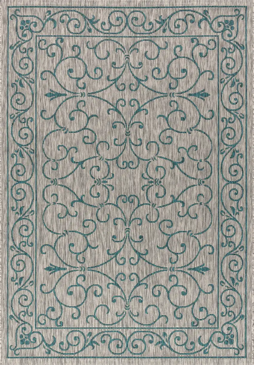 Gray And Teal Blue Medallion Indoor Outdoor Area Rug Photo 1