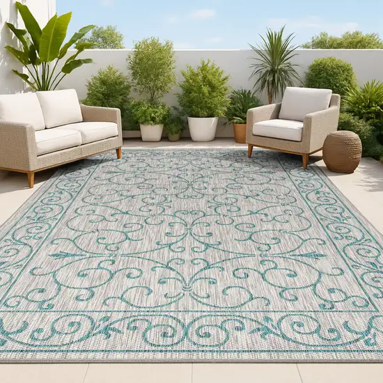 Gray And Teal Blue Medallion Indoor Outdoor Area Rug Photo 4