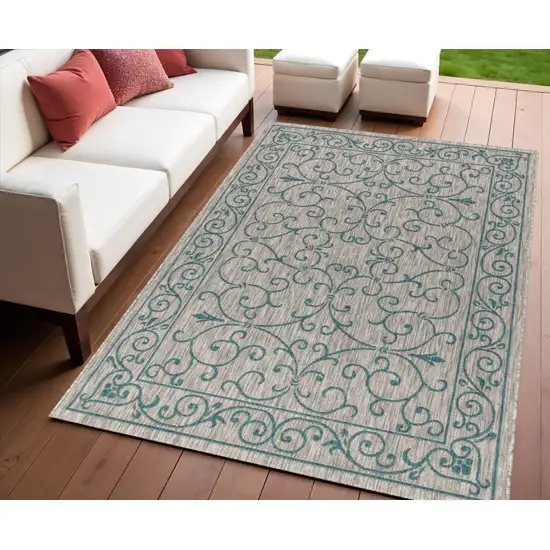 Gray And Teal Blue Medallion Indoor Outdoor Area Rug Photo 1