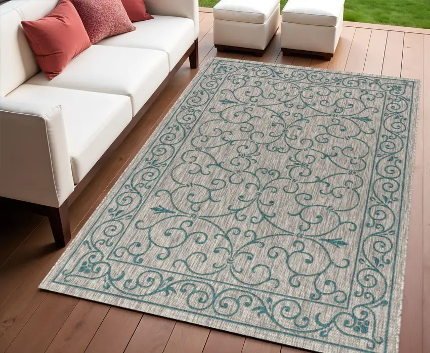 Gray And Teal Blue Medallion Indoor Outdoor Area Rug Photo 1