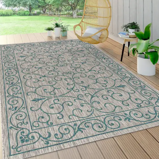 Gray And Teal Blue Medallion Indoor Outdoor Area Rug Photo 8
