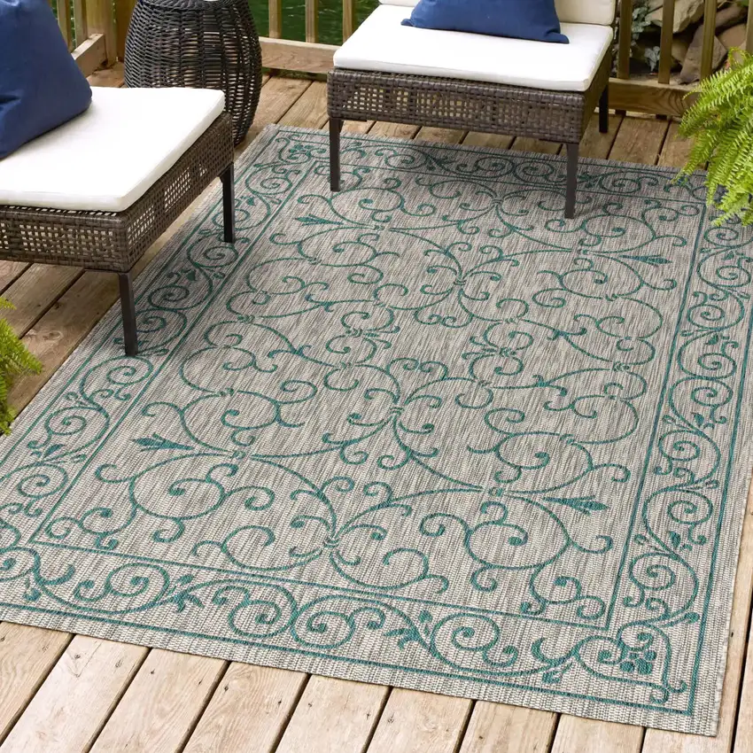 Gray And Teal Blue Medallion Indoor Outdoor Area Rug Photo 9