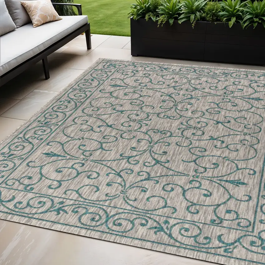 Gray And Teal Blue Medallion Indoor Outdoor Area Rug Photo 1