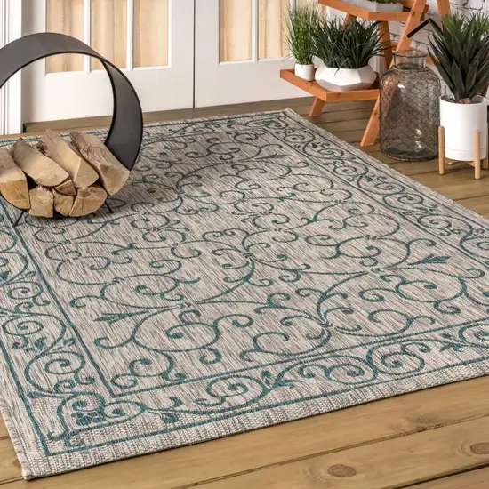 Gray And Teal Blue Medallion Indoor Outdoor Area Rug Photo 5
