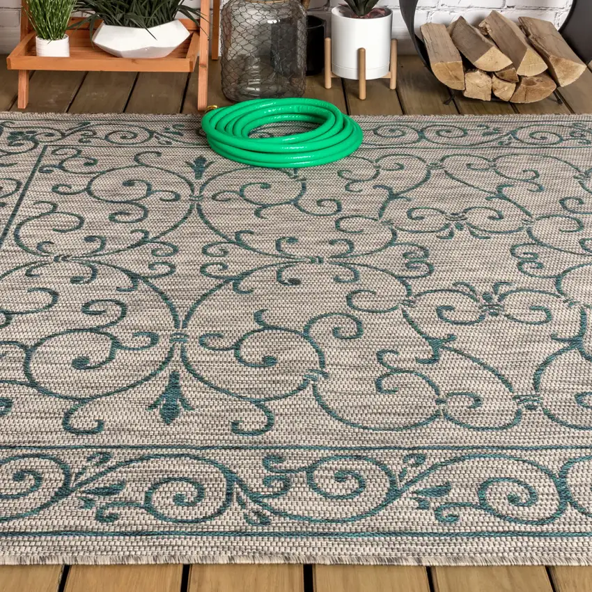 Gray And Teal Blue Medallion Indoor Outdoor Area Rug Photo 7