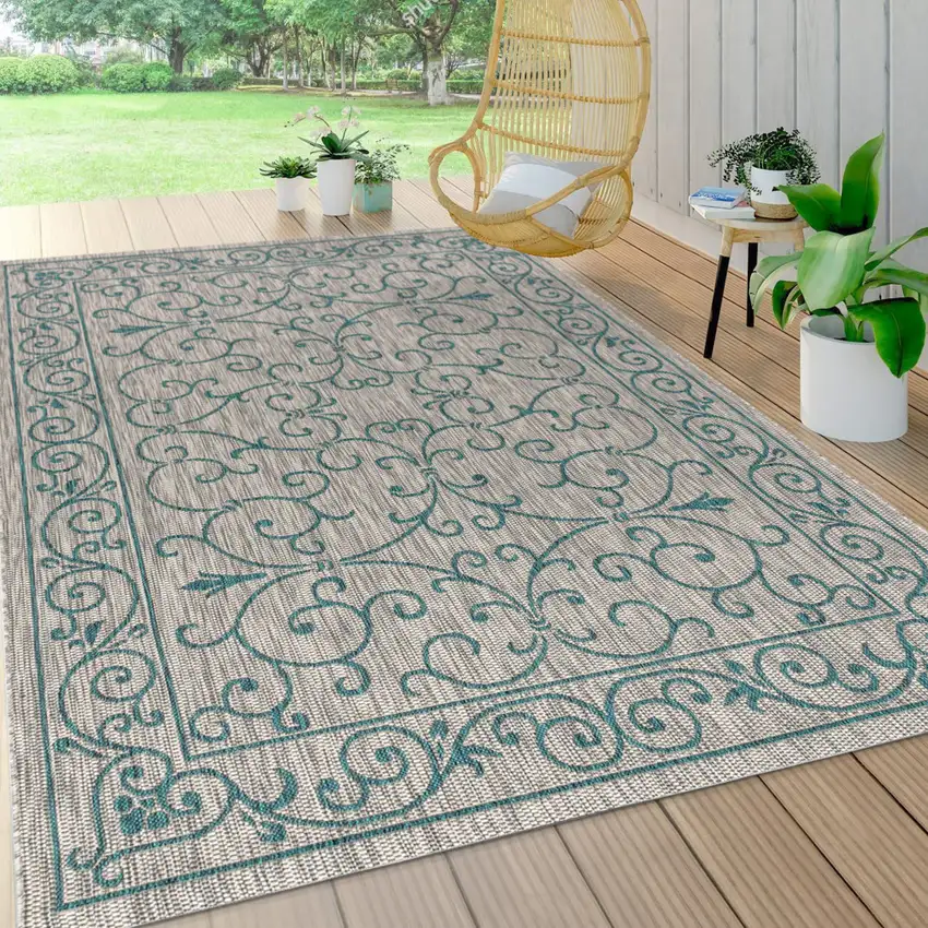 Gray And Teal Blue Medallion Indoor Outdoor Area Rug Photo 8
