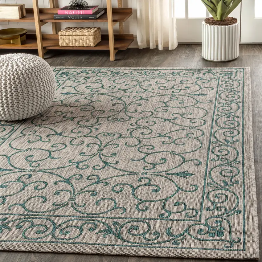 Gray And Teal Blue Medallion Indoor Outdoor Area Rug Photo 6
