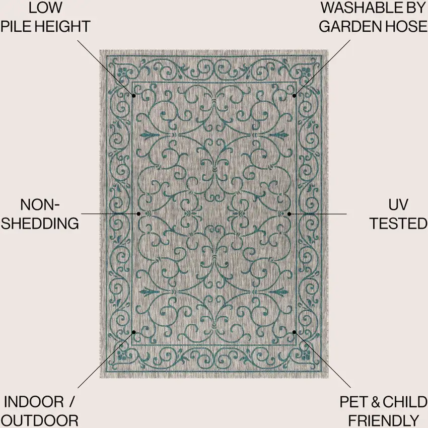 Gray And Teal Blue Medallion Indoor Outdoor Area Rug Photo 9