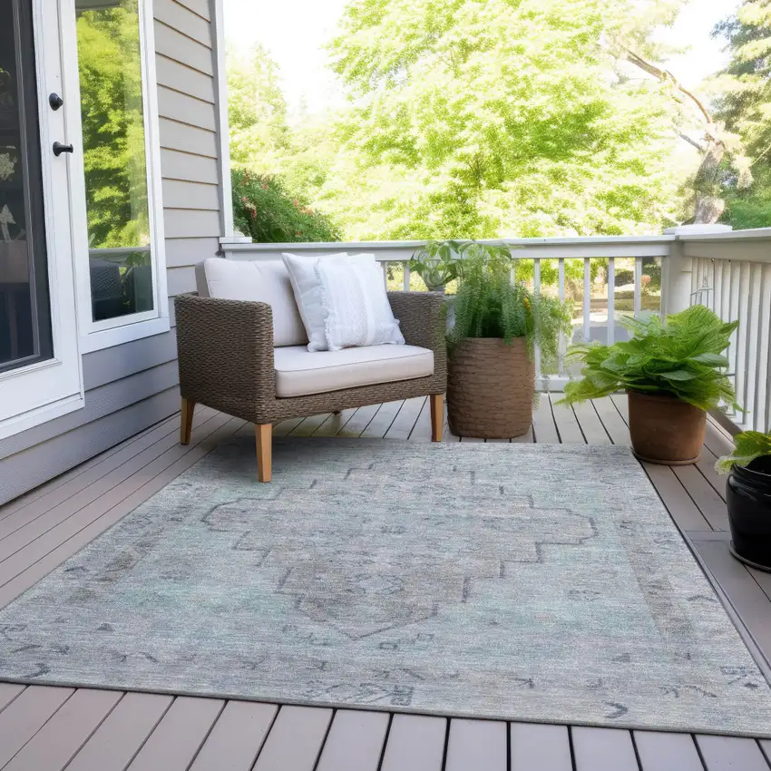 Gray And Teal Blue Medallion Washable Indoor Outdoor Area Rug Photo 8
