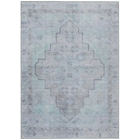 Gray And Teal Blue Medallion Washable Indoor Outdoor Area Rug Photo 1