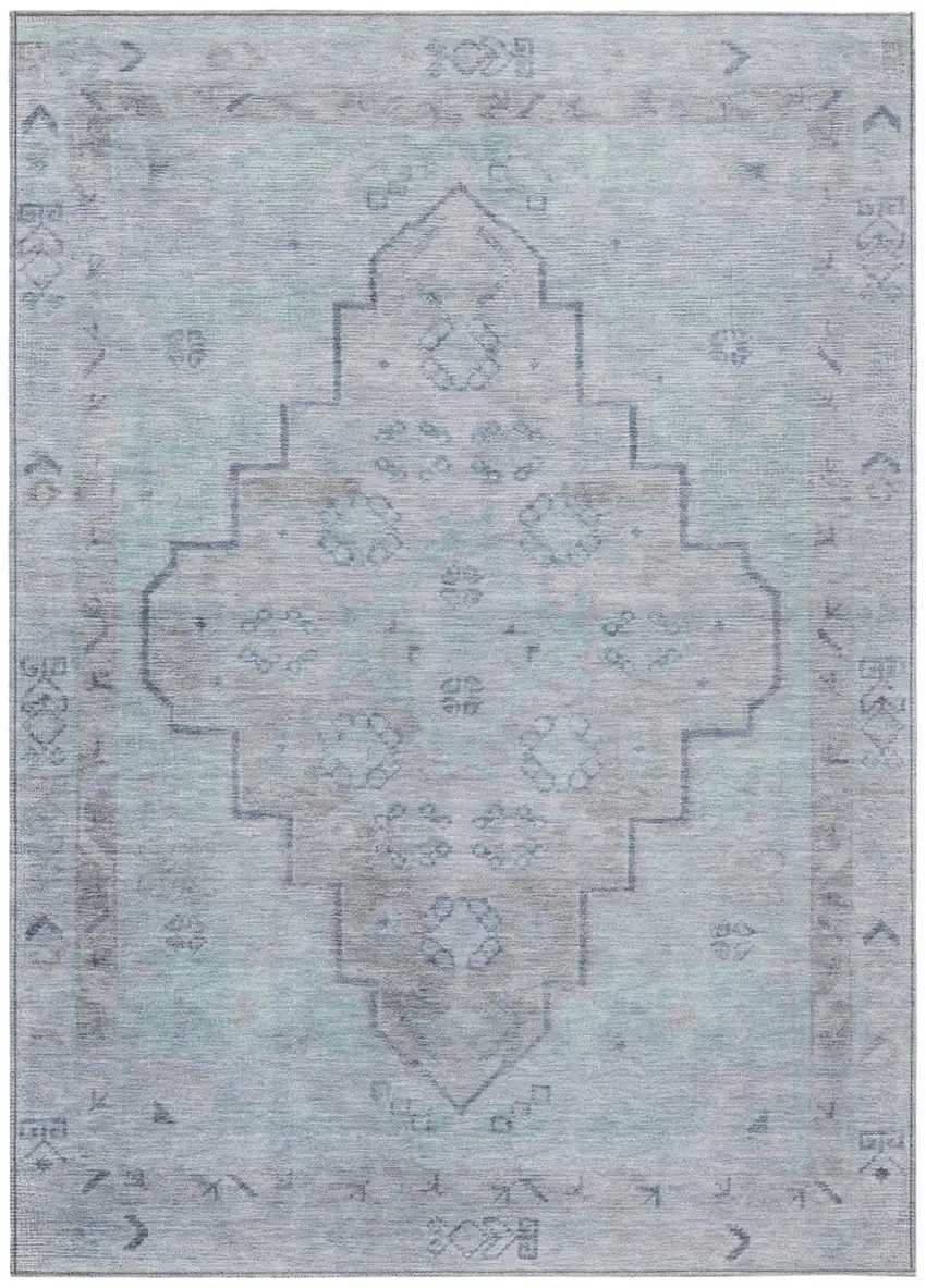 Gray And Teal Blue Medallion Washable Indoor Outdoor Area Rug Photo 1