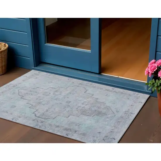 Gray And Teal Blue Medallion Washable Indoor Outdoor Area Rug Photo 2