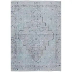 Photo of Gray And Teal Blue Medallion Washable Indoor Outdoor Area Rug