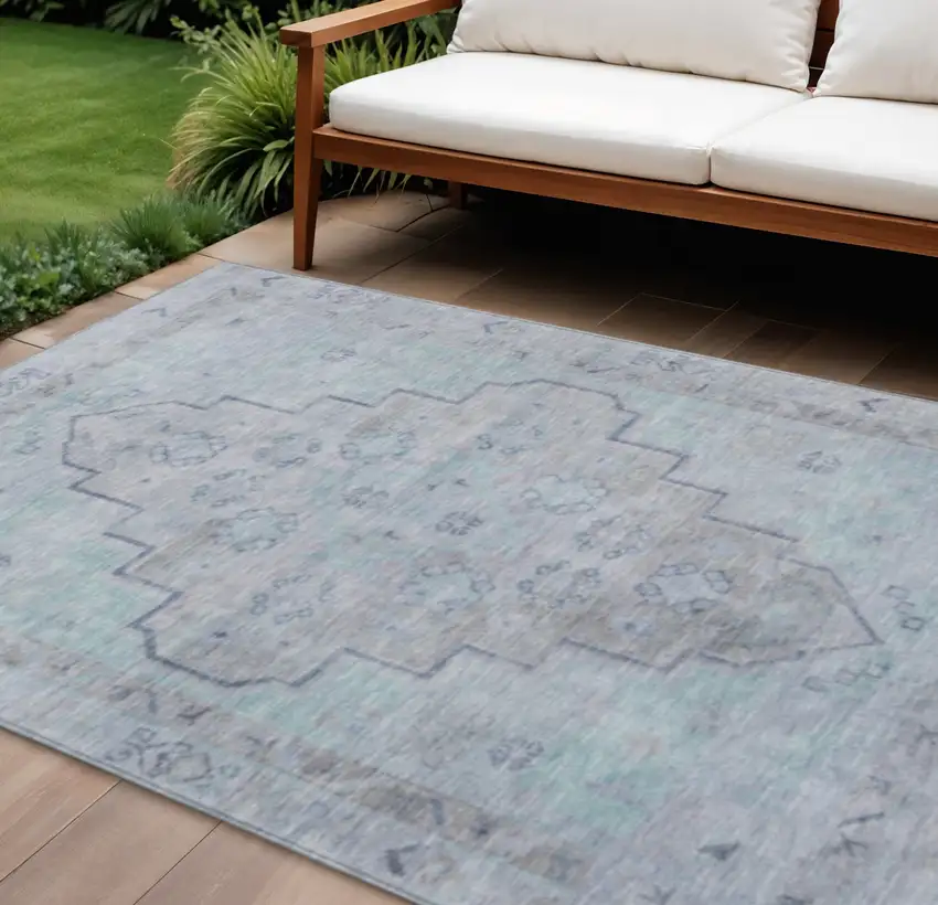 Gray And Teal Blue Medallion Washable Indoor Outdoor Area Rug Photo 2