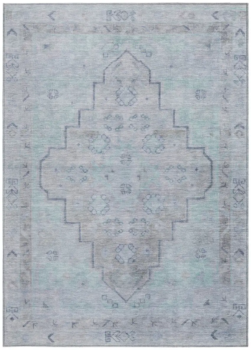 Gray And Teal Blue Medallion Washable Indoor Outdoor Area Rug Photo 4