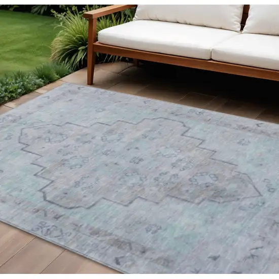 Gray And Teal Blue Medallion Washable Indoor Outdoor Area Rug Photo 2