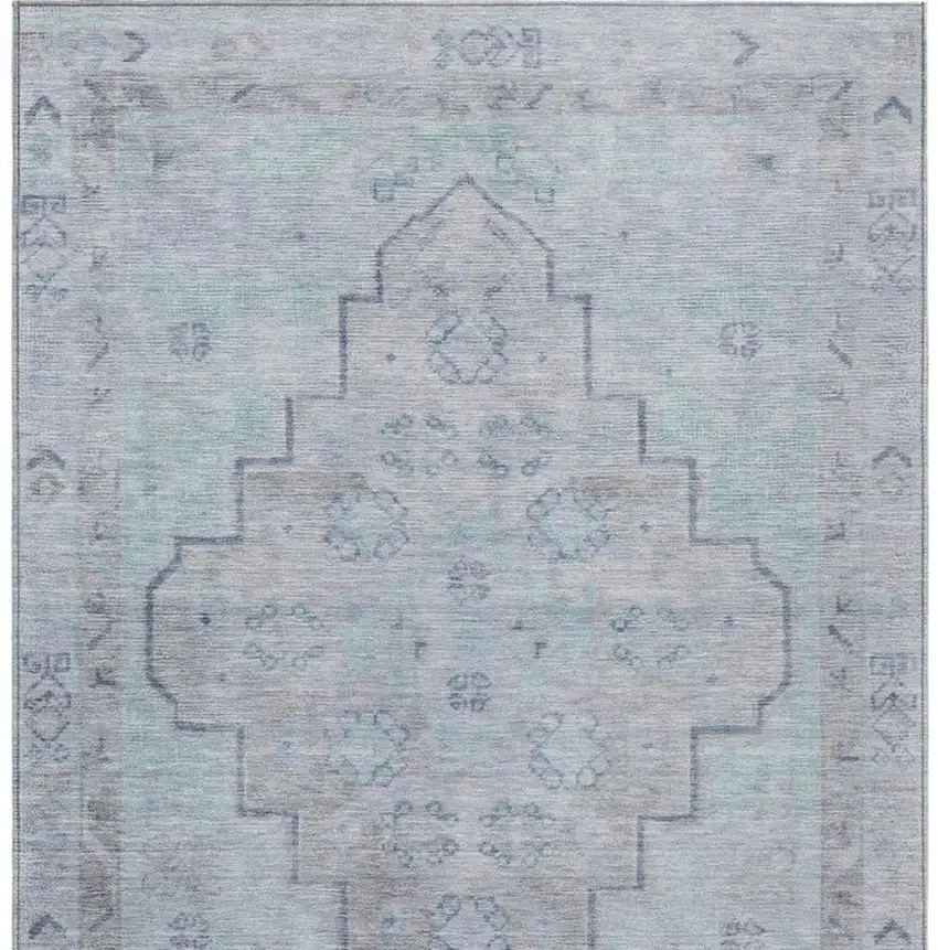 Gray And Teal Blue Medallion Washable Indoor Outdoor Area Rug Photo 3