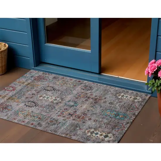 Gray And Teal Blue Tribal Washable Indoor Outdoor Area Rug Photo 2
