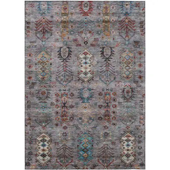 Gray And Teal Blue Tribal Washable Indoor Outdoor Area Rug Photo 8