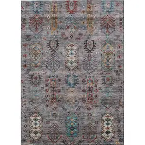 Photo of Gray And Teal Blue Tribal Washable Indoor Outdoor Area Rug