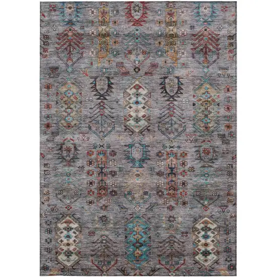 Gray And Teal Blue Tribal Washable Indoor Outdoor Area Rug Photo 1