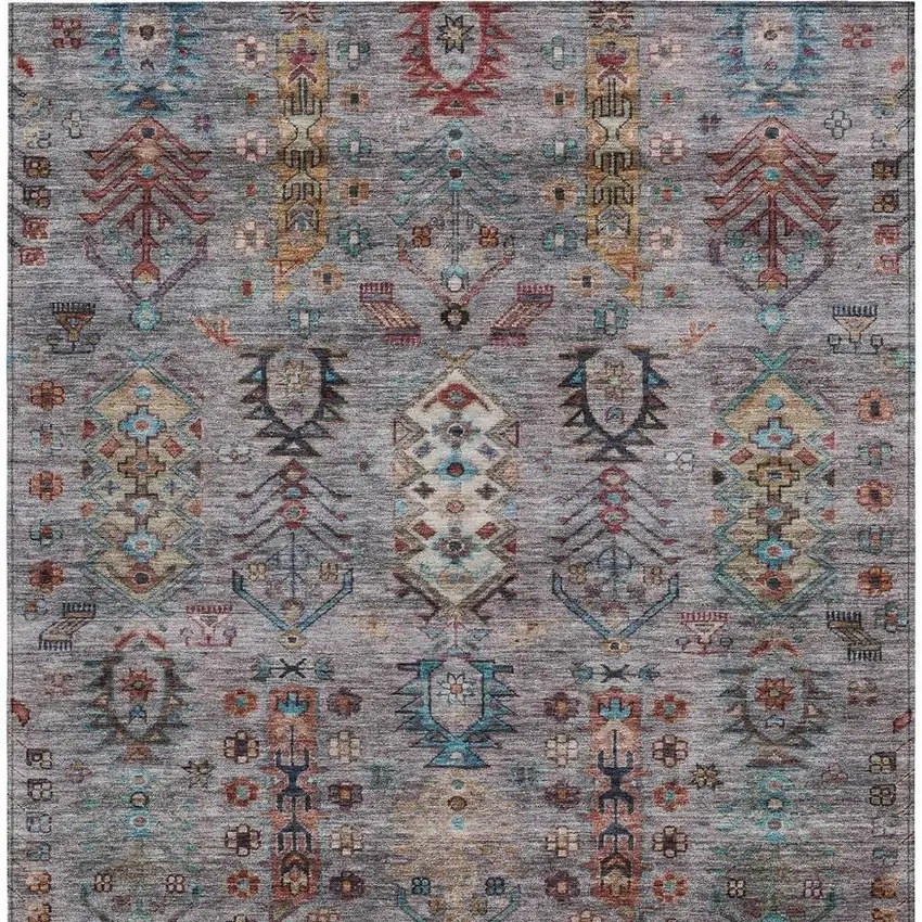 Gray And Teal Blue Tribal Washable Indoor Outdoor Area Rug Photo 3