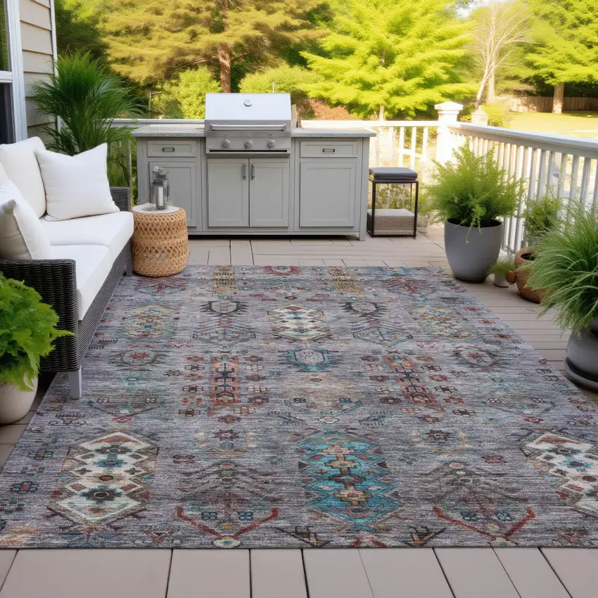 Gray And Teal Blue Tribal Washable Indoor Outdoor Area Rug Photo 4
