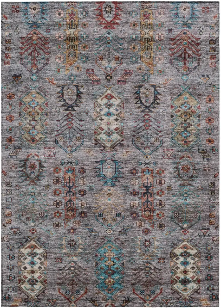 Gray And Teal Blue Tribal Washable Indoor Outdoor Area Rug Photo 1