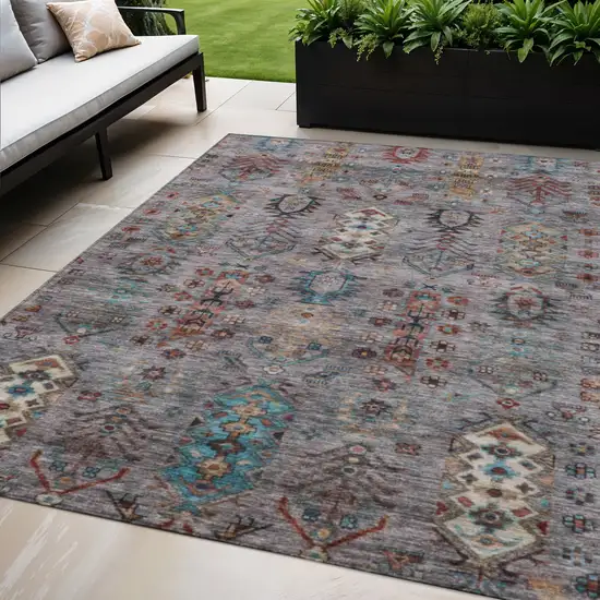 Gray And Teal Blue Tribal Washable Indoor Outdoor Area Rug Photo 2
