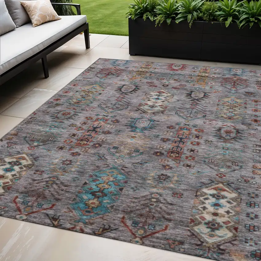 Gray And Teal Blue Tribal Washable Indoor Outdoor Area Rug Photo 2