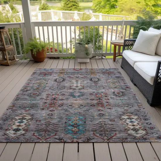Gray And Teal Blue Tribal Washable Indoor Outdoor Area Rug Photo 7