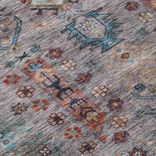 Gray And Teal Blue Tribal Washable Indoor Outdoor Area Rug Photo 1