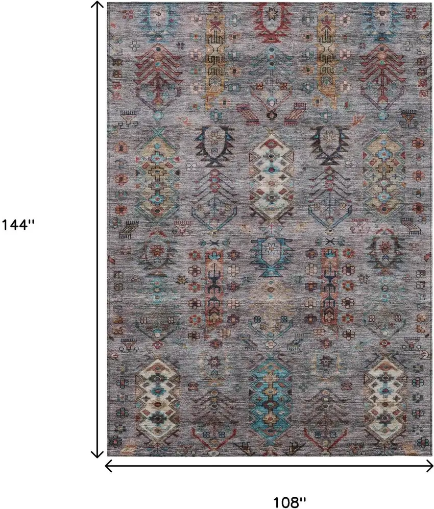 Gray And Teal Blue Tribal Washable Indoor Outdoor Area Rug Photo 9