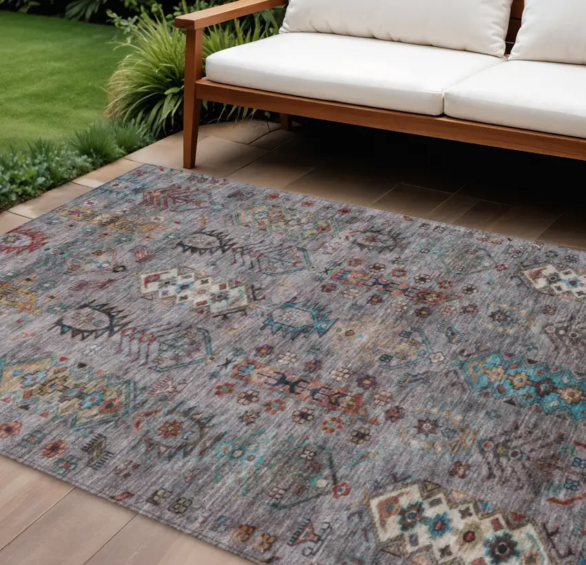 Gray And Teal Blue Tribal Washable Indoor Outdoor Area Rug Photo 2