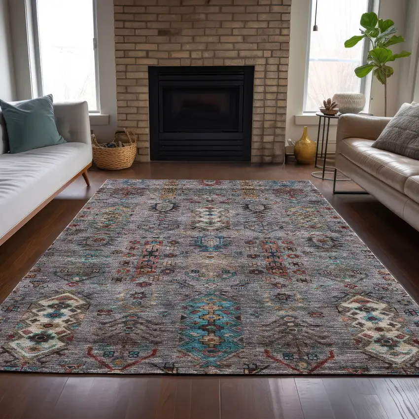 Gray And Teal Blue Tribal Washable Indoor Outdoor Area Rug Photo 6