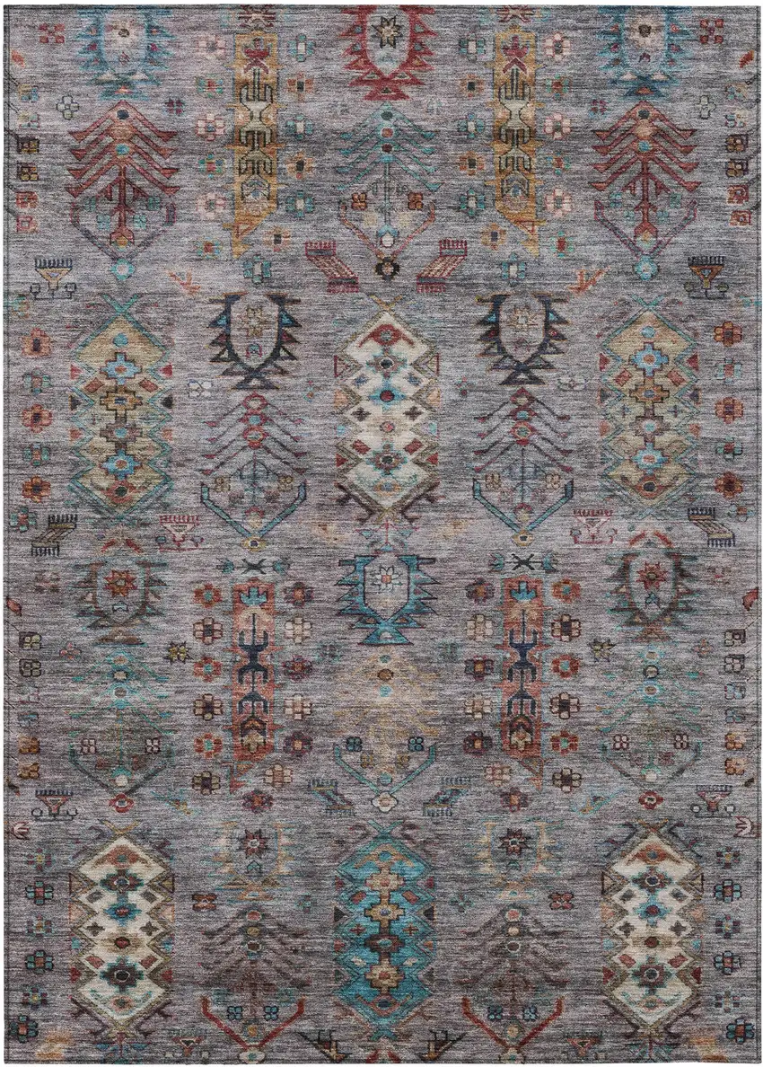 Gray And Teal Blue Tribal Washable Indoor Outdoor Area Rug Photo 8