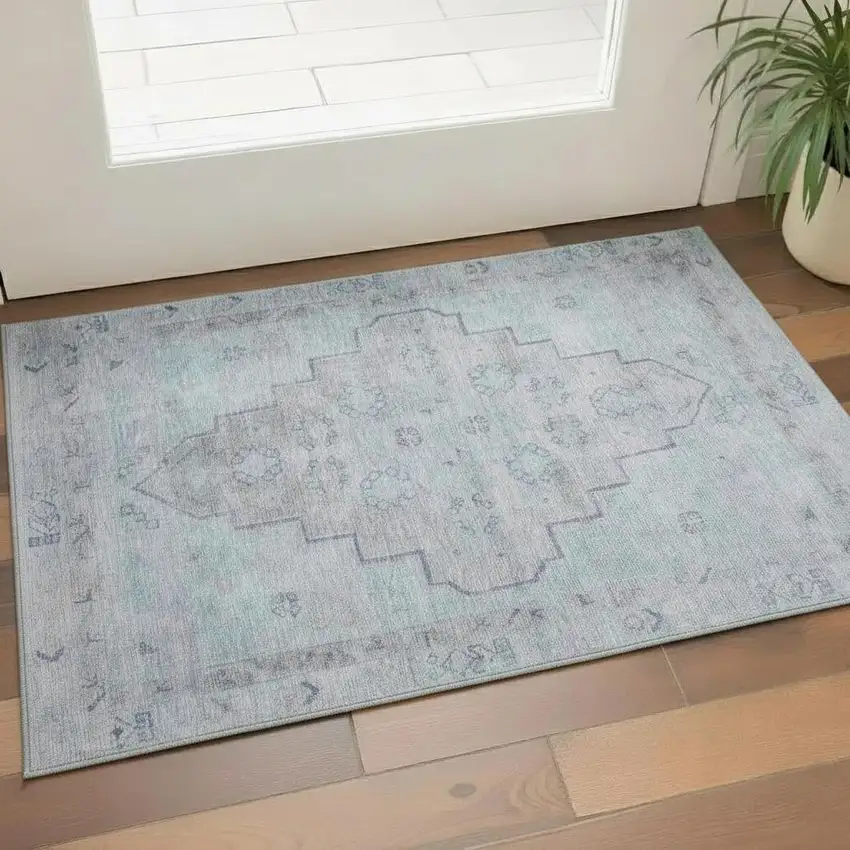 Gray And Teal Medallion Washable Area Rug With UV Protection Photo 2