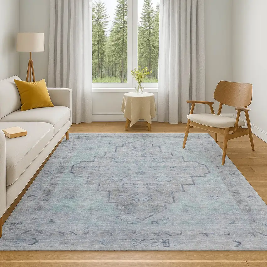 Gray And Teal Medallion Washable Area Rug With UV Protection Photo 6