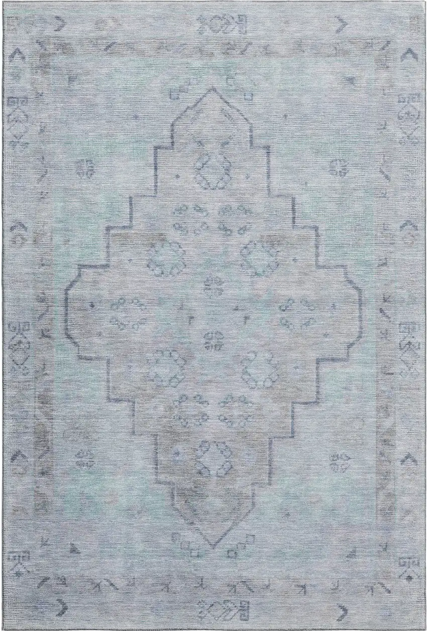 Gray And Teal Medallion Washable Area Rug With UV Protection Photo 1
