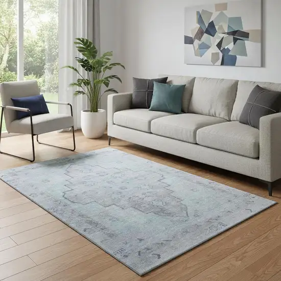 Gray And Teal Medallion Washable Area Rug With UV Protection Photo 2