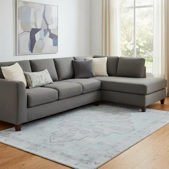 Gray And Teal Medallion Washable Area Rug With UV Protection Photo 2