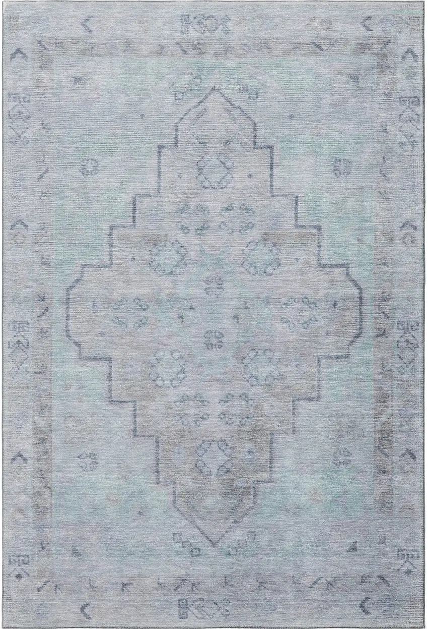 Gray And Teal Medallion Washable Area Rug With UV Protection Photo 4