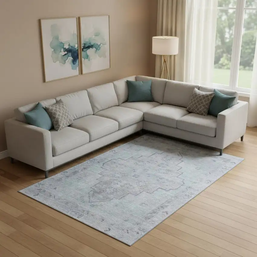 Gray And Teal Medallion Washable Area Rug With UV Protection Photo 2