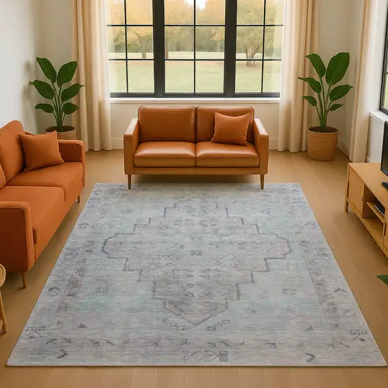 Gray And Teal Medallion Washable Area Rug With UV Protection Photo 5