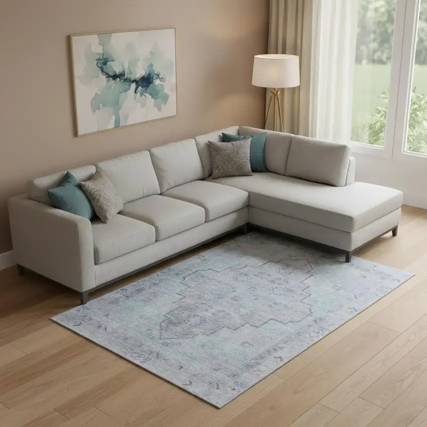 Gray And Teal Medallion Washable Area Rug With UV Protection Photo 2