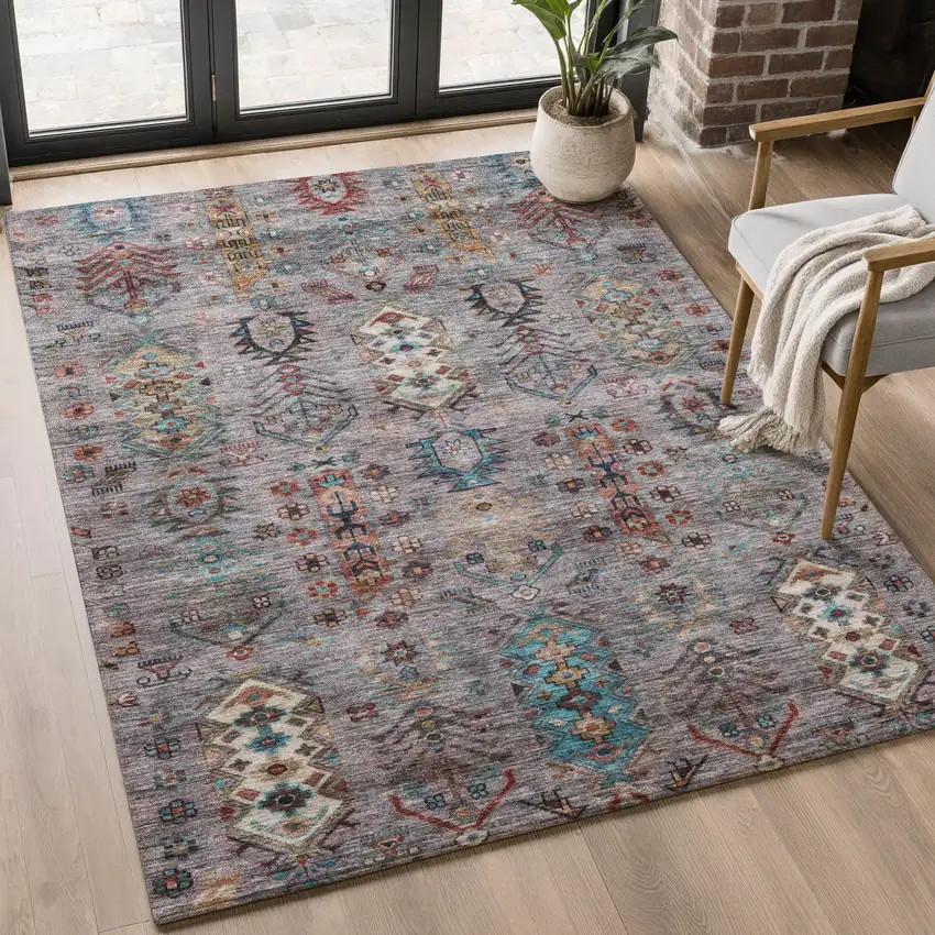 Gray And Teal Southwestern Washable Area Rug With UV Protection Photo 5
