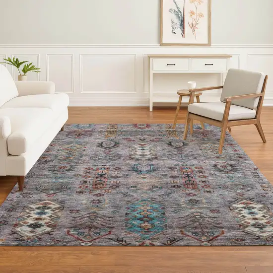 Gray And Teal Southwestern Washable Area Rug With UV Protection Photo 6
